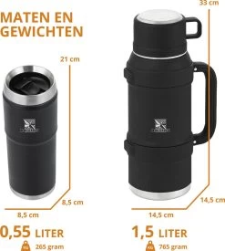 MacGyver RVS Thermoskan 1.5 Ltr – RVS Thermosbeker 0,55 Ltr - Langdurig Warm/koud - Zwart -Merkloos Winkel 1079x1200