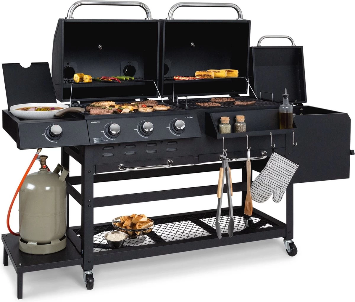 Klarstein Kingsville Double Barbecue - Houtskool- En Gasbarbecue - Smoker BBQ - Inclusief Deksels En Thermometer - Met 2 Roosters - Zwart 13 Klarstein Kingsville Double Barbecue - Houtskool- En Gasbarbecue - Smoker BBQ - Inclusief Deksels En Thermometer - Met 2 Roosters - Zwart - Afbeelding 11