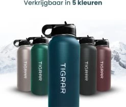 Tigrar - Waterfles - Drinkfles - Thermosfles 1 Liter Dubbelwandig - RVS - (Staal) Blauw - Incl. Extra Dop 3 Rietjes En Reiniger -Merkloos Winkel 1200x1021 2