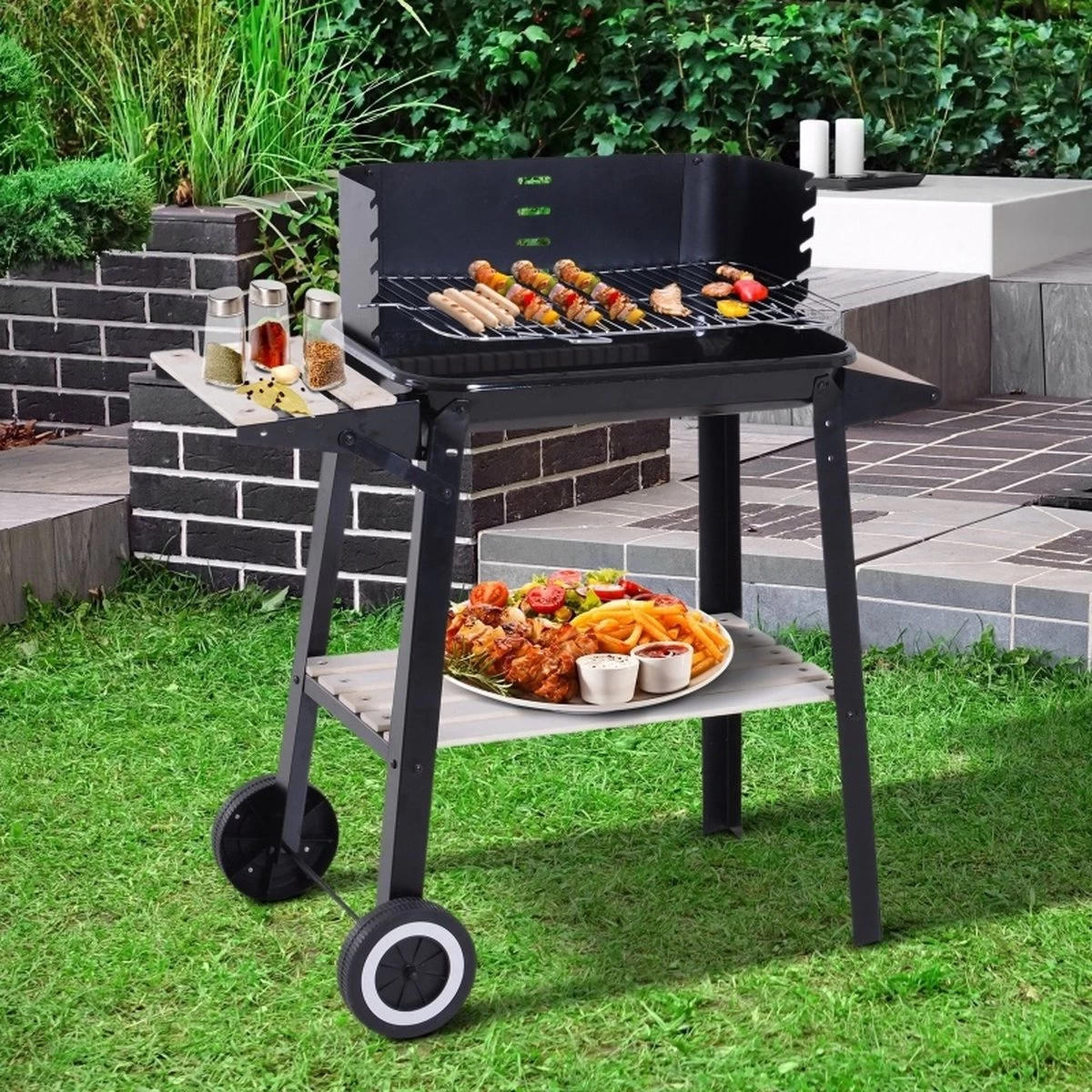 Verrijdbare Barbecue – Houtskool/Briketten - Verstelbare Grillplaat – Houten Tafel – Winscherm – Gewicht 5.9kg 10 Verrijdbare Barbecue – Houtskool/Briketten - Verstelbare Grillplaat – Houten Tafel – Winscherm – Gewicht 5.9kg - Afbeelding 8