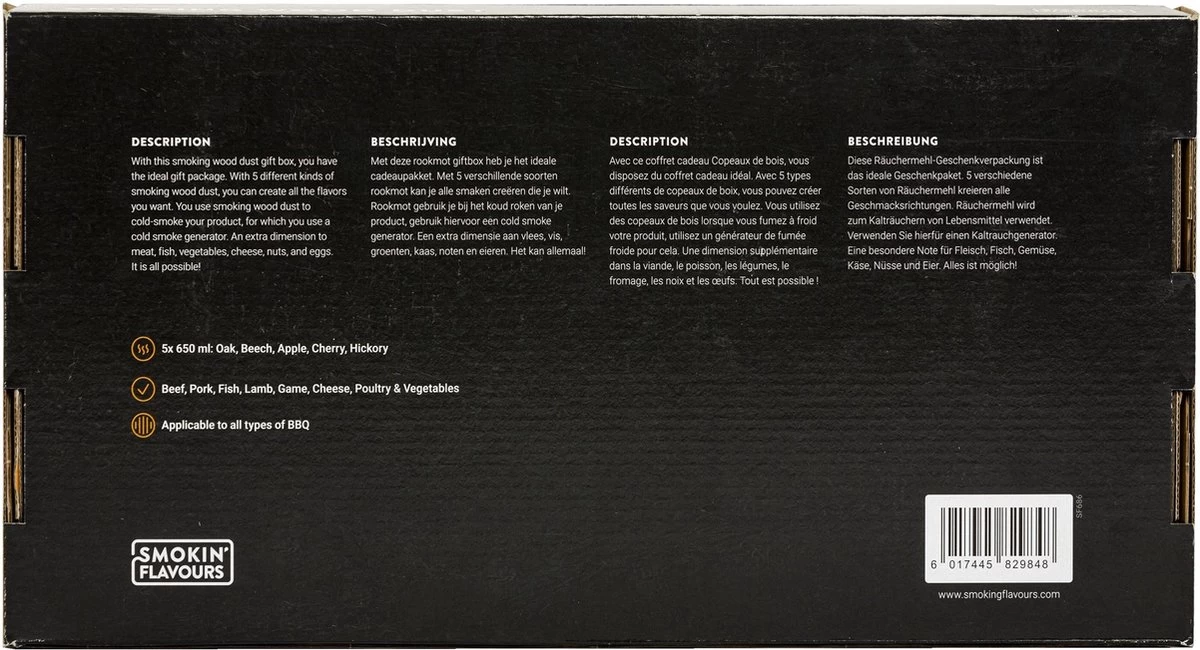 Smokin’ Flavours Giftbox Mot 5x 650ml - Rookmot 5x 650 Ml - Eik - Beuk - Hickory - Kers - Appel 4 Smokin’ Flavours Giftbox Mot 5x 650ml - Rookmot 5x 650 Ml - Eik - Beuk - Hickory - Kers - Appel - Afbeelding 2