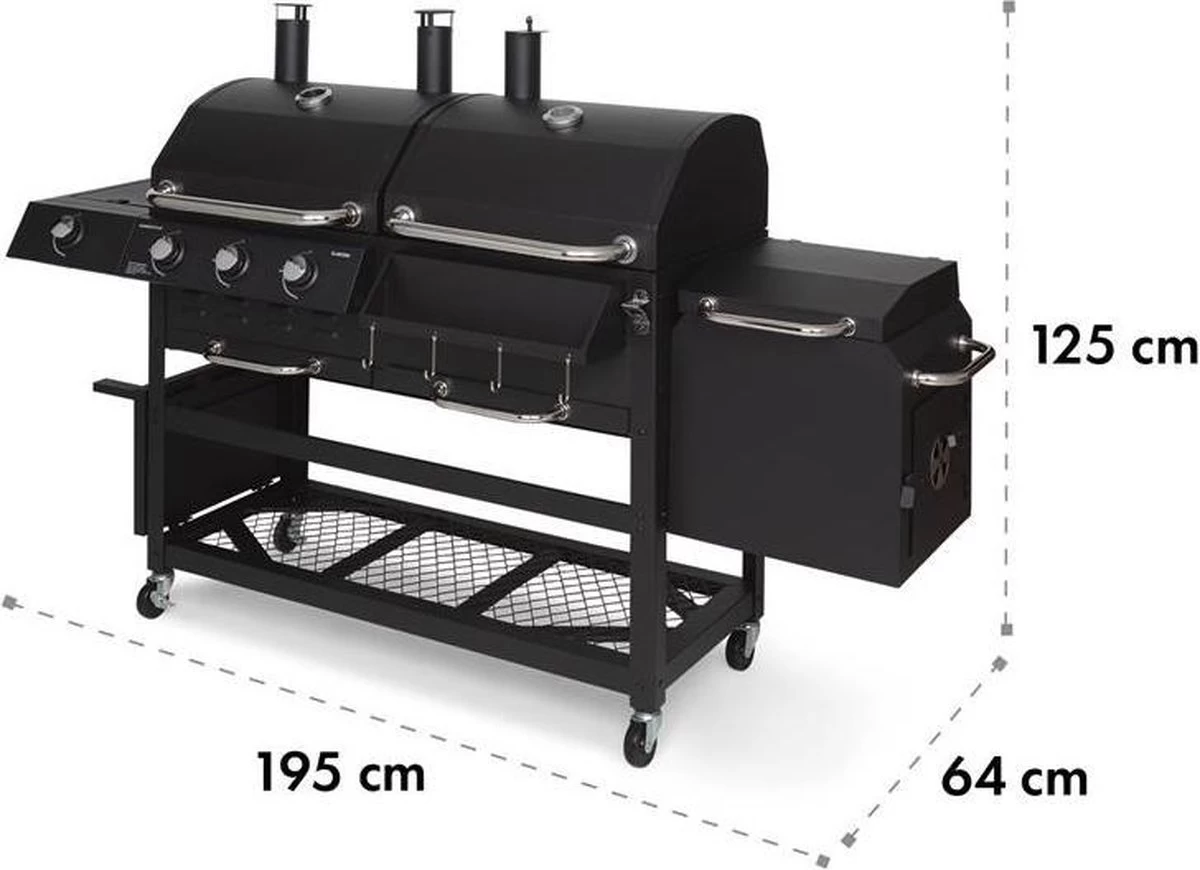 Klarstein Kingsville Double Barbecue - Houtskool- En Gasbarbecue - Smoker BBQ - Inclusief Deksels En Thermometer - Met 2 Roosters - Zwart 3 Klarstein Kingsville Double Barbecue - Houtskool- En Gasbarbecue - Smoker BBQ - Inclusief Deksels En Thermometer - Met 2 Roosters - Zwart