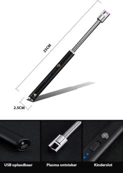 Oplaadbare Lange Elektrische Aansteker Buigbaar - Buigbare Aansteker - Duurzame Plasma Aansteker - Inclusief Cadeauverpakking - BBQ - Kaarsen - Zwart -Merkloos Winkel 855x1200